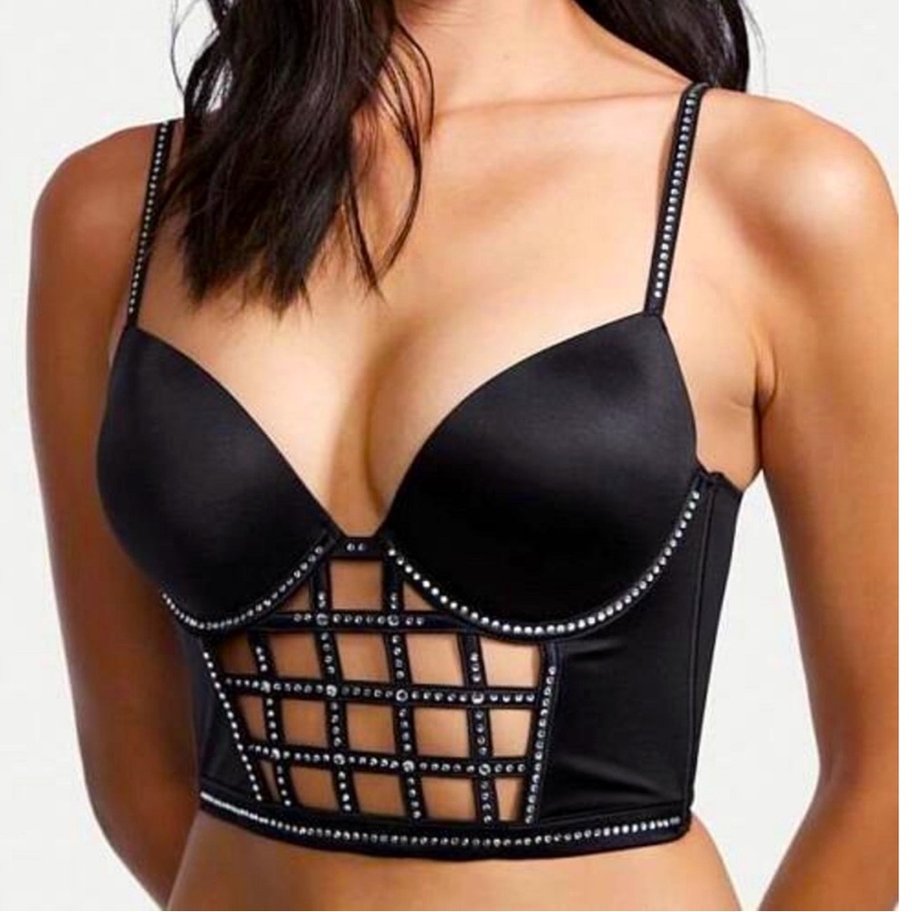 Victoria’s Secret Very Sexy Black Swarovski Long Line Push-Up Bra Bustier 36DD